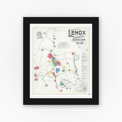 Old map wall art mockup — black gallery frame with white mat — Sanborn Fire Insurance Map from Lenox, Berkshire County, Massachusetts (1905) - Complete Map Set