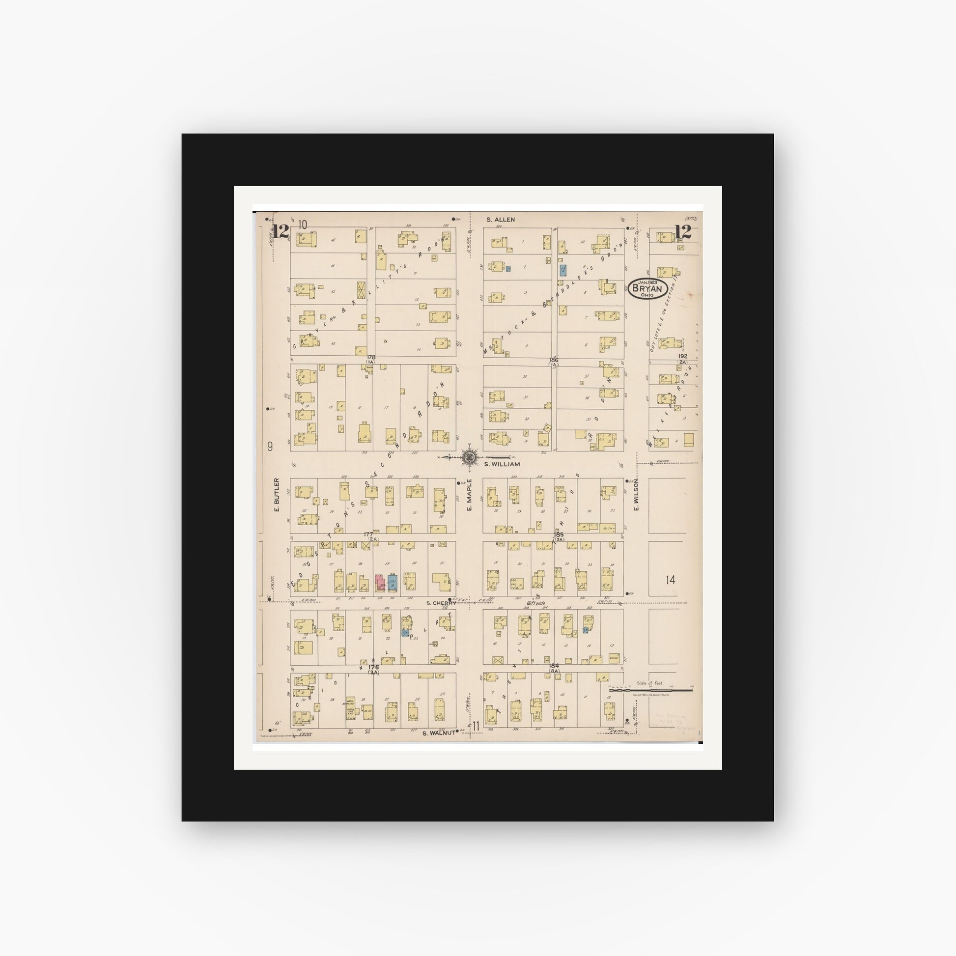 Old map wall art mockup — black gallery frame with white mat — Sanborn Fire Insurance Map from Bryan, Williams County, Ohio (1923), Sheet #0012