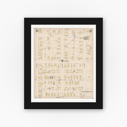 Old map wall art mockup — black gallery frame with white mat — Sanborn Fire Insurance Map from Bryan, Williams County, Ohio (1923), Sheet #0012