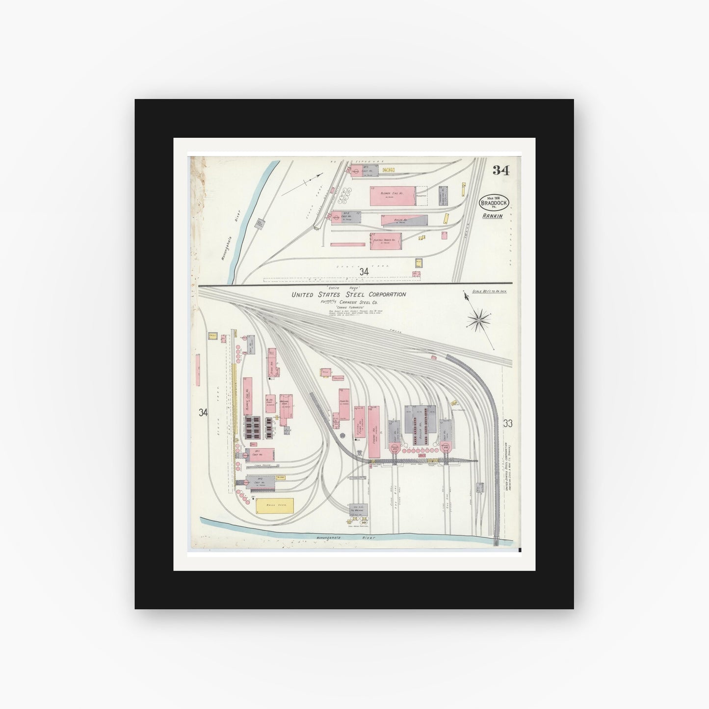 Old map wall art mockup — black gallery frame with white mat — Sanborn Fire Insurance Map from Braddock, Allegheny County, Pennsylvania (1908), Sheet #0034