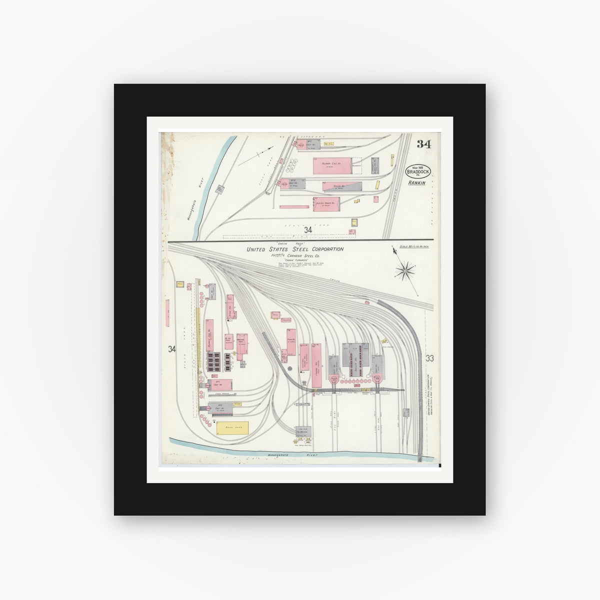 Old map wall art mockup — black gallery frame with white mat — Sanborn Fire Insurance Map from Braddock, Allegheny County, Pennsylvania (1908), Sheet #0034