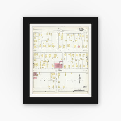Old map wall art mockup — black gallery frame with white mat — Sanborn Fire Insurance Map from Denton, Denton County, Texas (1917), Sheet #0003