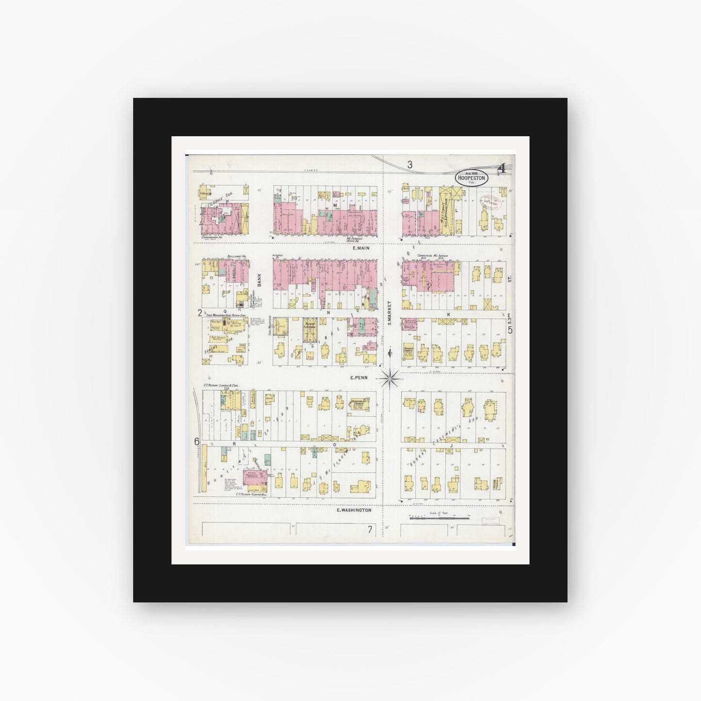 Old map wall art mockup — black gallery frame with white mat — Sanborn Fire Insurance Map from Hoopeston, Vermilion County, Illinois (1899), Sheet #0004