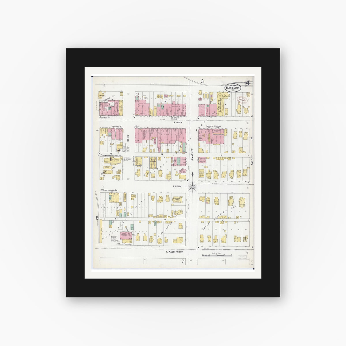 Old map wall art mockup — black gallery frame with white mat — Sanborn Fire Insurance Map from Hoopeston, Vermilion County, Illinois (1899), Sheet #0004