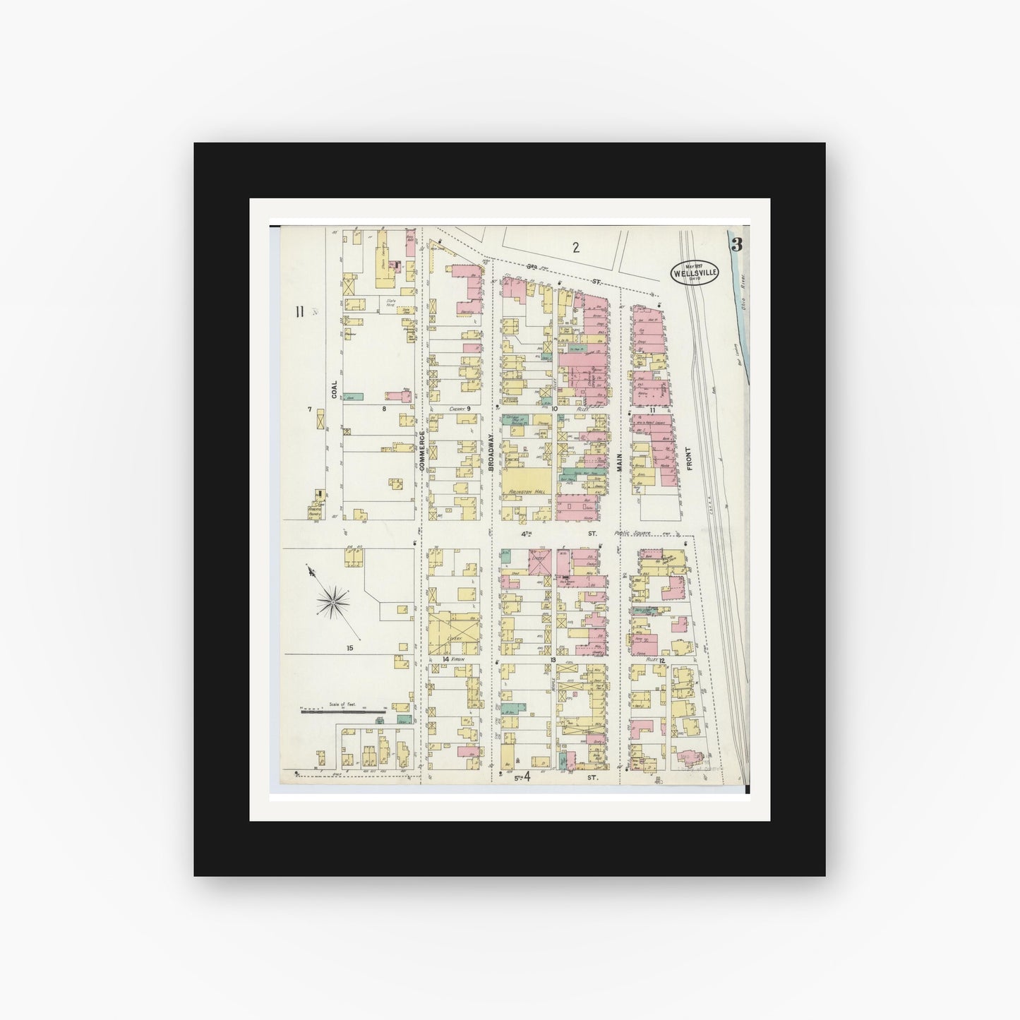 Old map wall art mockup — black gallery frame with white mat — Sanborn Fire Insurance Map from Wellsville, Columbiana County, Ohio (1897), Sheet #0003