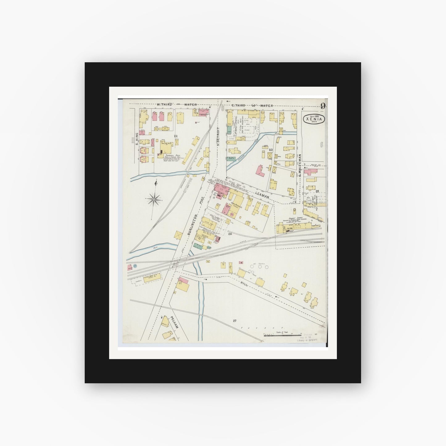 Old map wall art mockup — black gallery frame with white mat — Sanborn Fire Insurance Map from Xenia, Greene County, Ohio (1895), Sheet #0009