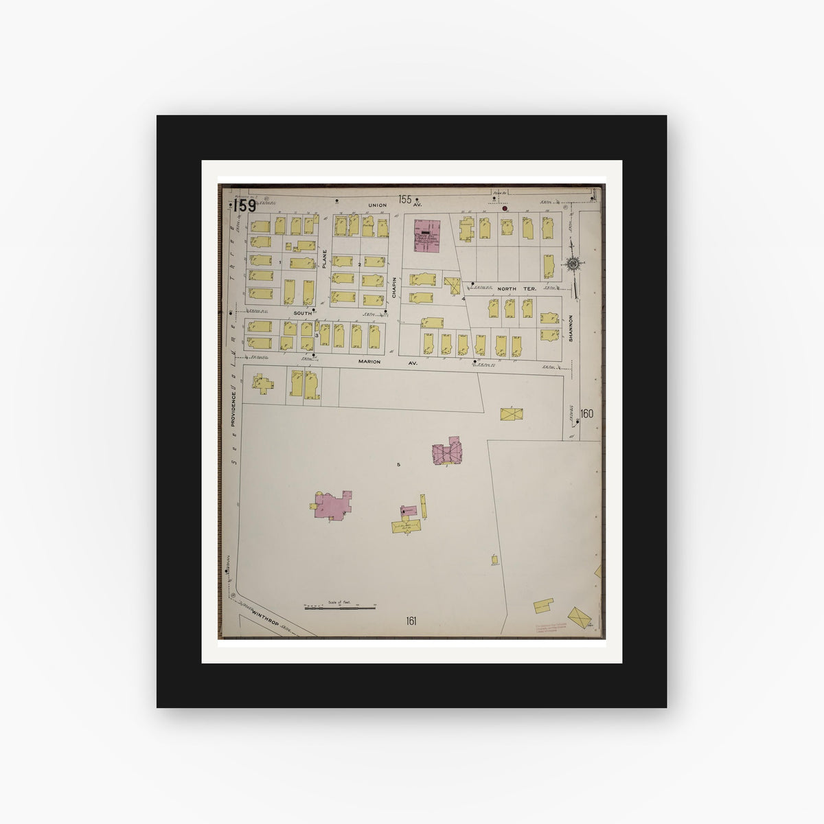 Old map wall art mockup — black gallery frame with white mat — Sanborn Fire Insurance Map from Worcester, Worcester County, Massachusetts (1910), Sheet #0159