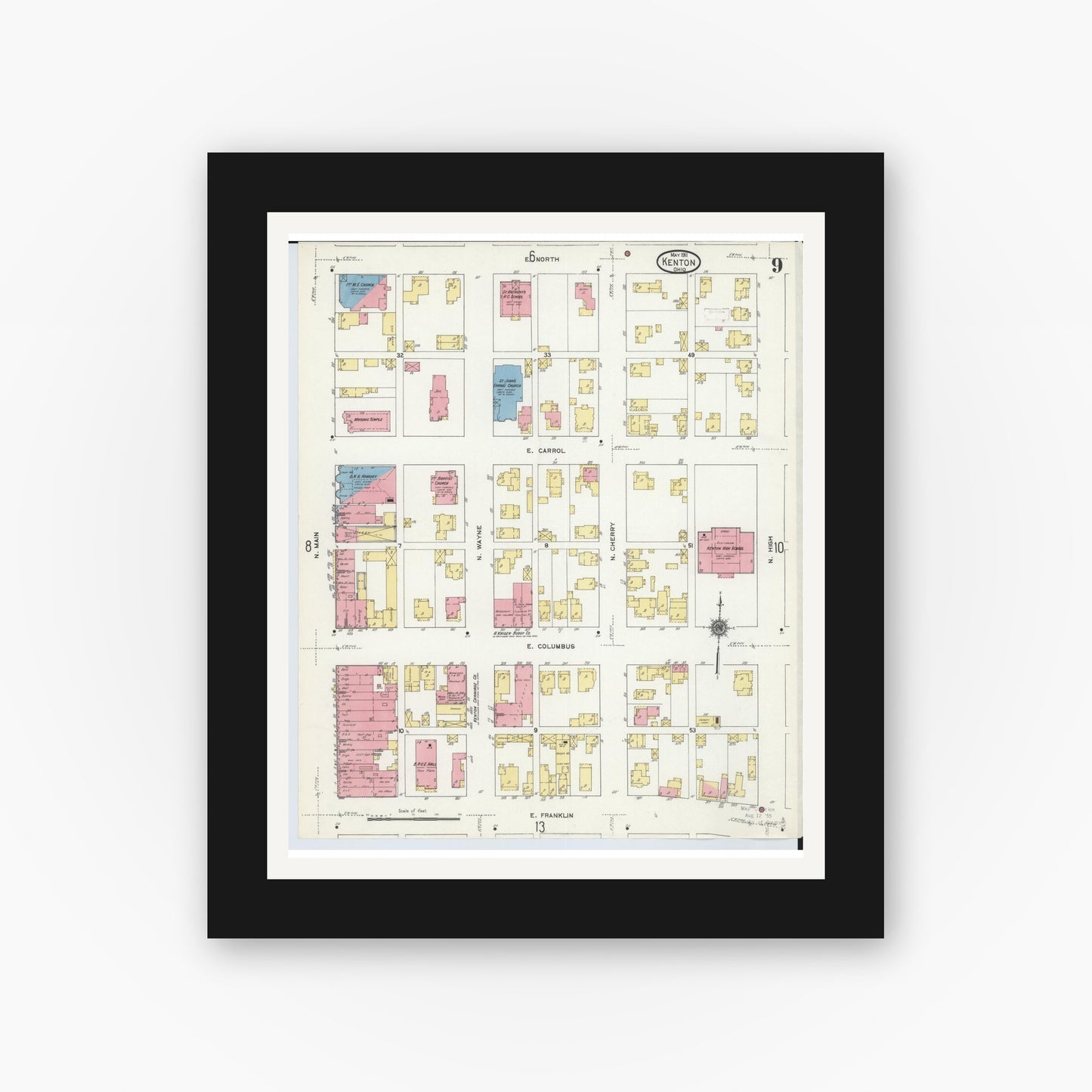 Old map wall art mockup — black gallery frame with white mat — Sanborn Fire Insurance Map from Kenton, Hardin County, Ohio (1911), Sheet #0009