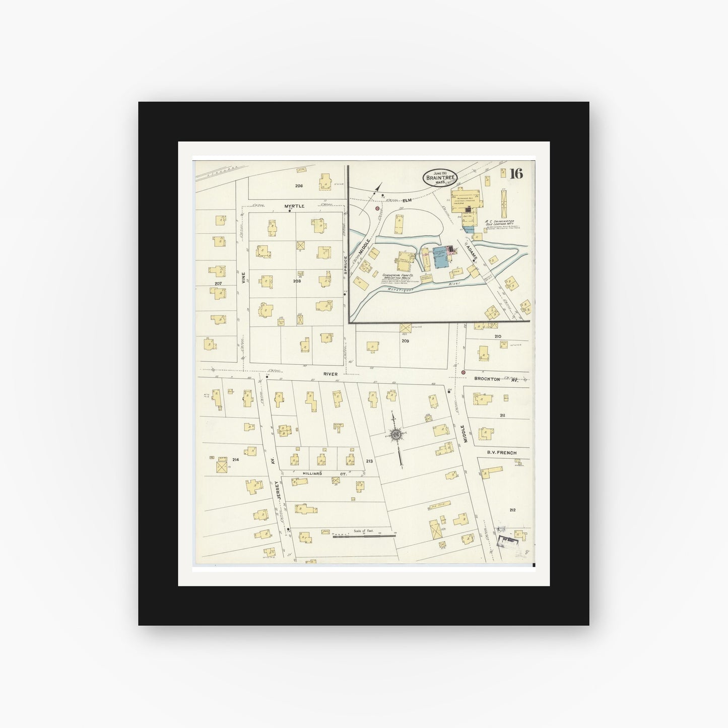 Old map wall art mockup — black gallery frame with white mat — Sanborn Fire Insurance Map from Braintree, Norfolk County, Massachusetts (1911), Sheet #0016