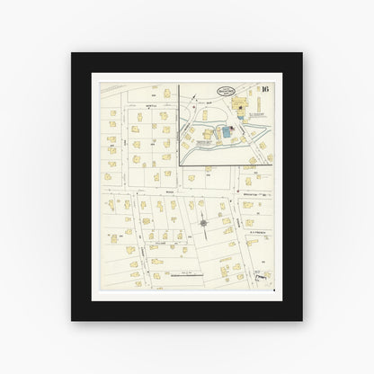Old map wall art mockup — black gallery frame with white mat — Sanborn Fire Insurance Map from Braintree, Norfolk County, Massachusetts (1911), Sheet #0016