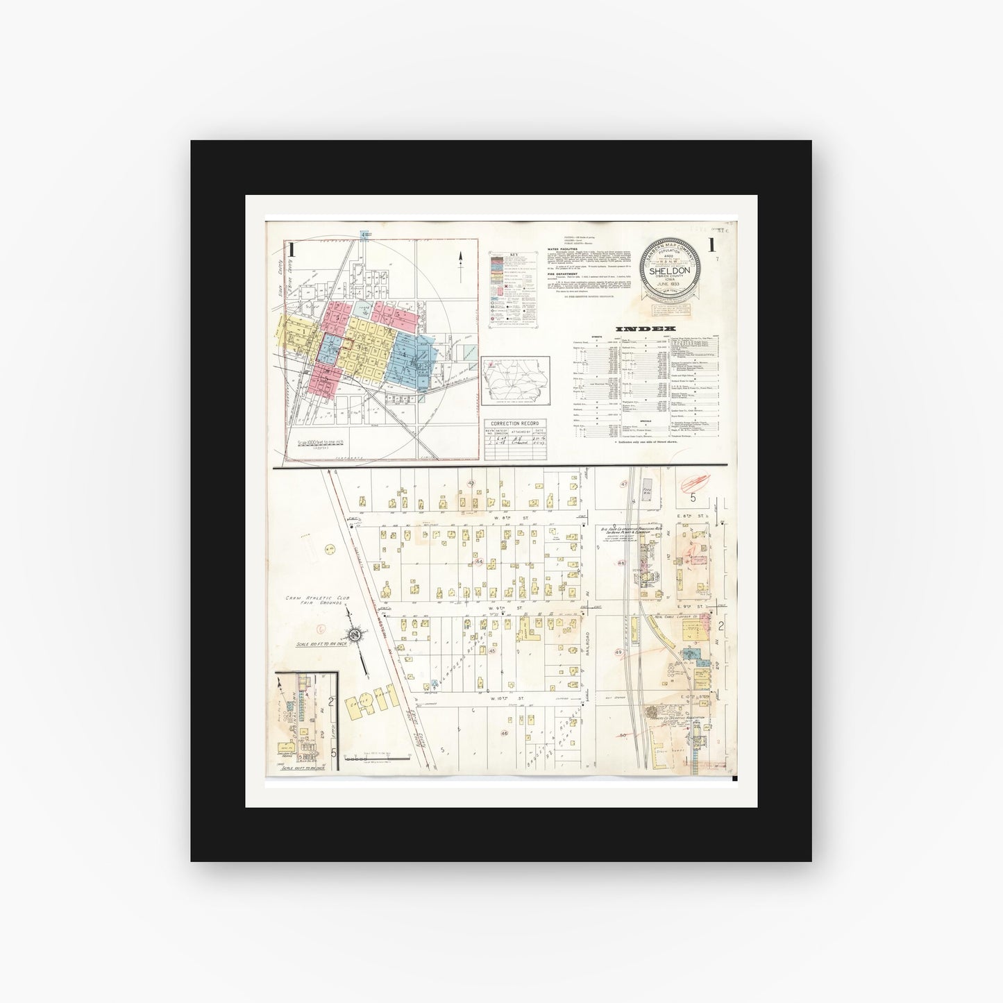 Old map wall art mockup — black gallery frame with white mat — Sanborn Fire Insurance Map from Sheldon, O'Brien County, Iowa (1948), Sheet #0001