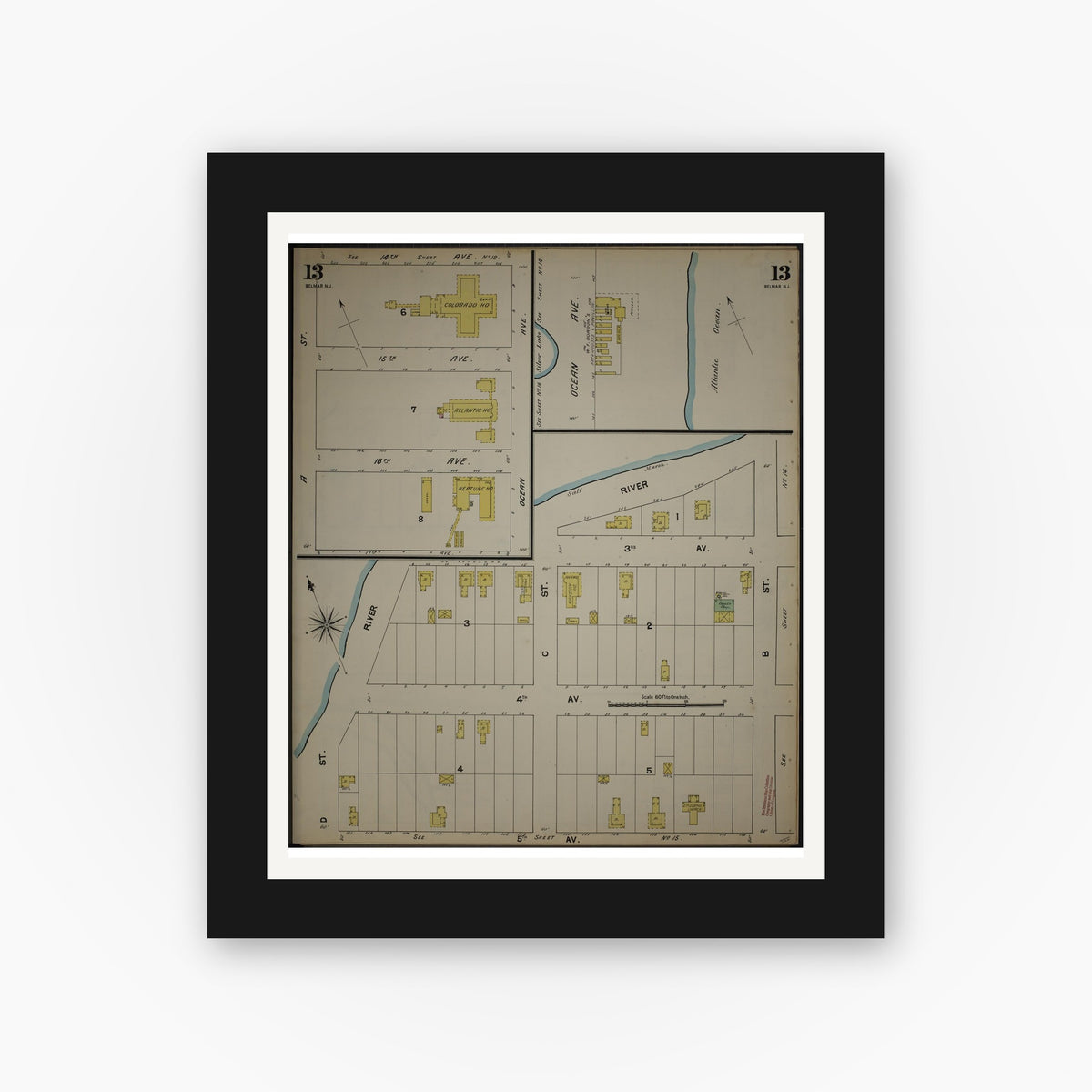Old map wall art mockup — black gallery frame with white mat — Sanborn Fire Insurance Map from New Jersey Coast, New Jersey Coast, New Jersey (1890), Sheet #0013
