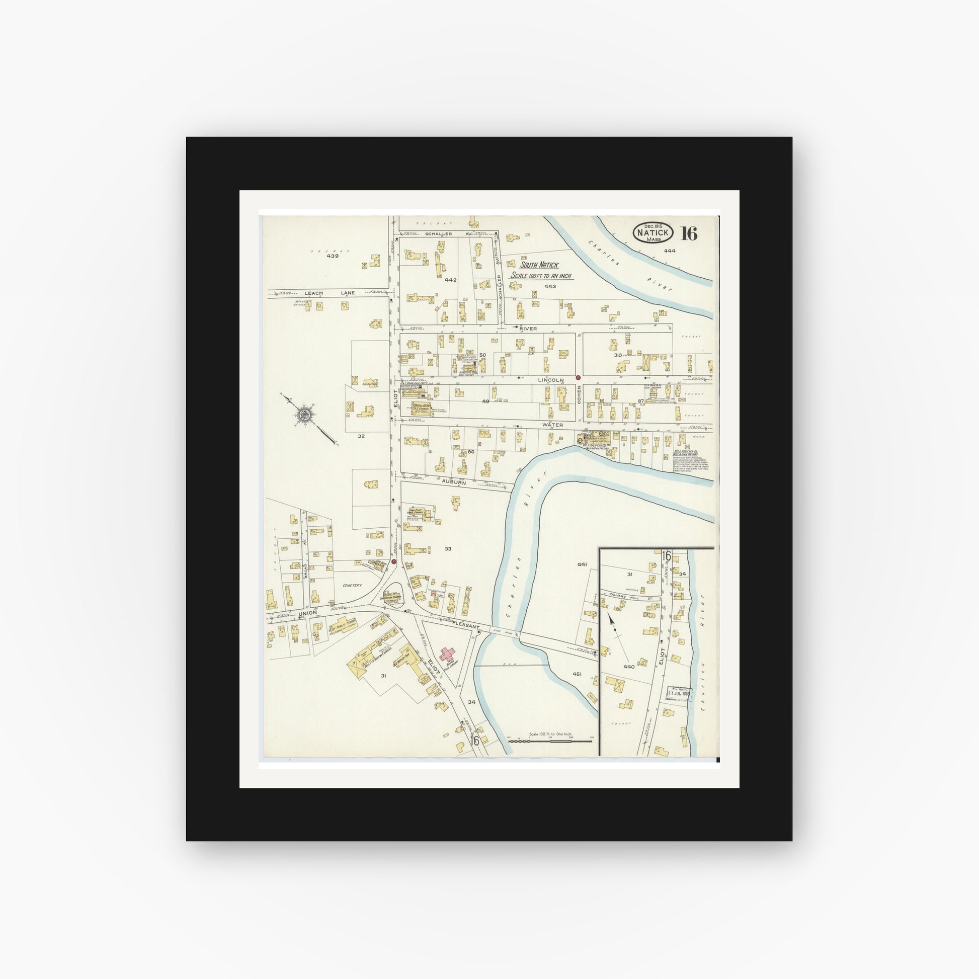 Old map wall art mockup — black gallery frame with white mat — Sanborn Fire Insurance Map from Natick, Middlesex County, Massachusetts (1915), Sheet #0016