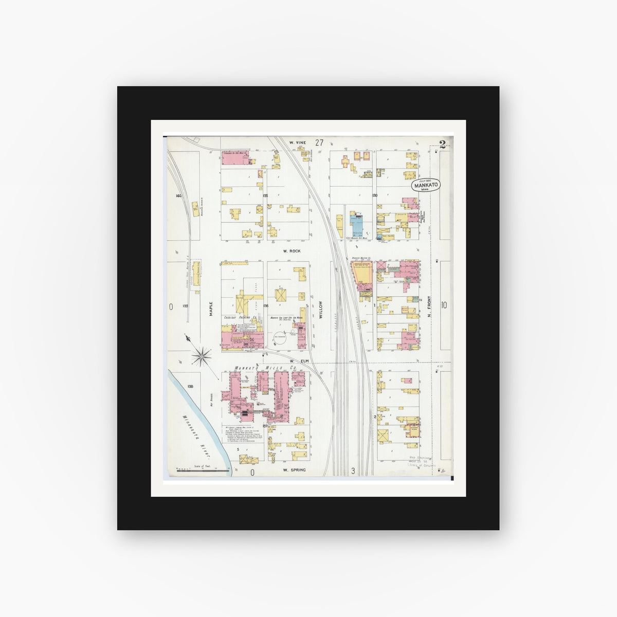 Old map wall art mockup — black gallery frame with white mat — Sanborn Fire Insurance Map from Mankato, Blue Earth County, Minnesota (1900), Sheet #0002