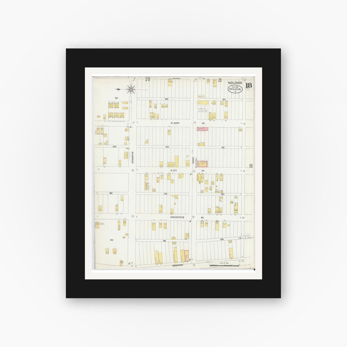Old map wall art mockup — black gallery frame with white mat — Sanborn Fire Insurance Map from Sharon, Mercer County, Pennsylvania (1903), Sheet #0018