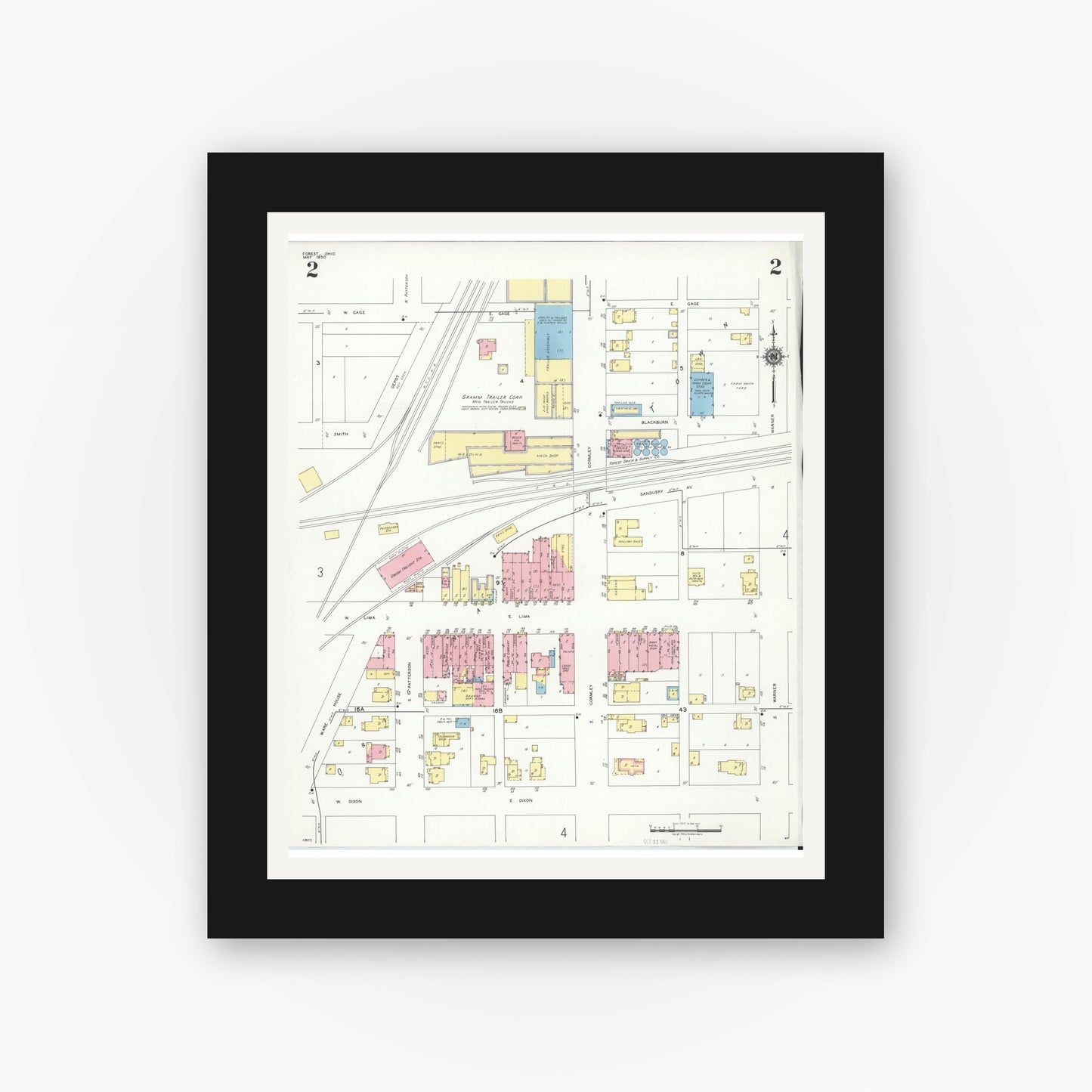 Old map wall art mockup — black gallery frame with white mat — Sanborn Fire Insurance Map from Forest, Hardin County, Ohio (1950), Sheet #0002