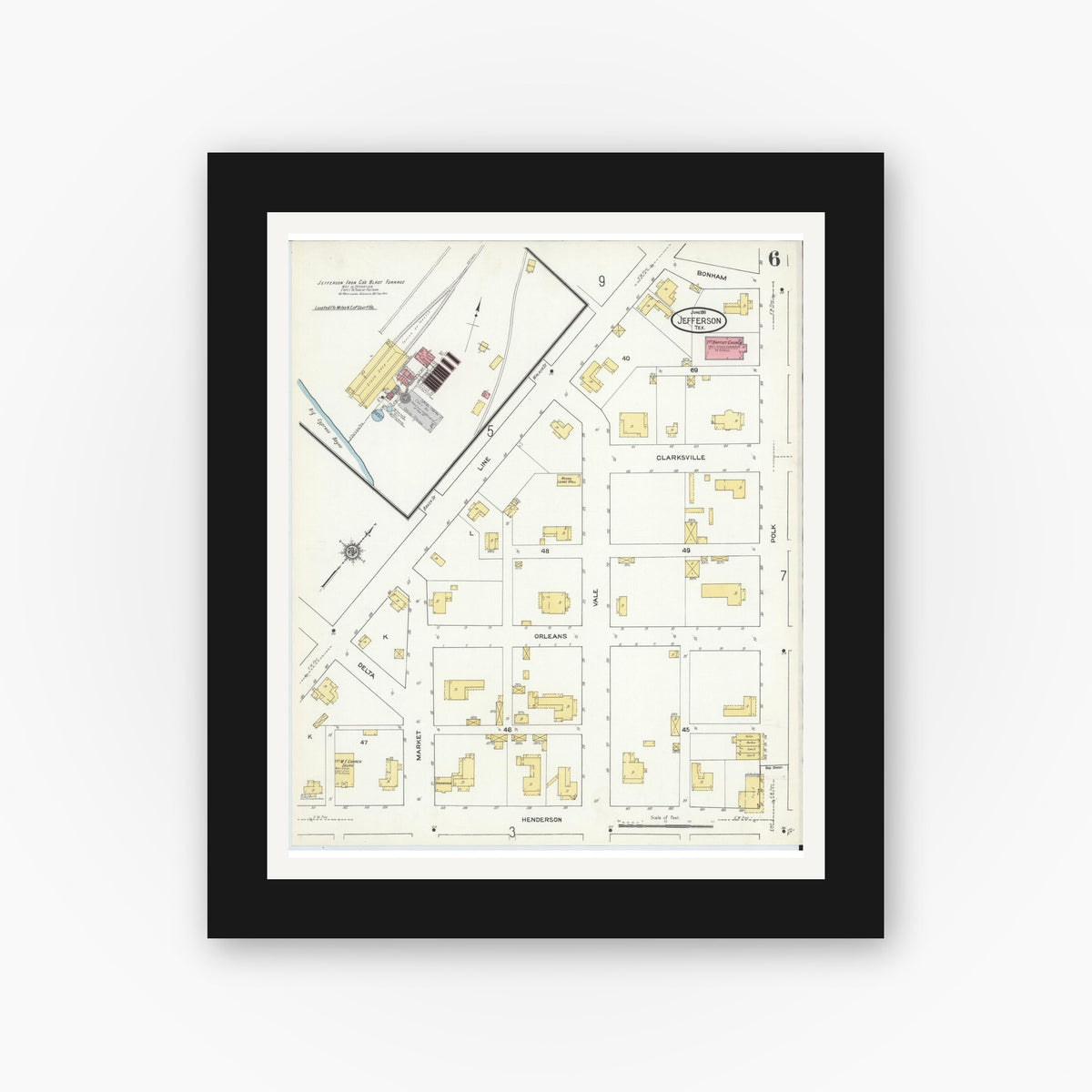 Old map wall art mockup — black gallery frame with white mat — Sanborn Fire Insurance Map from Jefferson, Marion County, Texas (1911), Sheet #0006