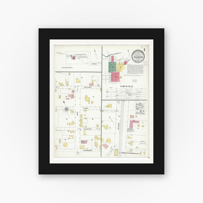 Old map wall art mockup — black gallery frame with white mat — Sanborn Fire Insurance Map from Culpeper, Culpeper County, Virginia (1908), Sheet #0001