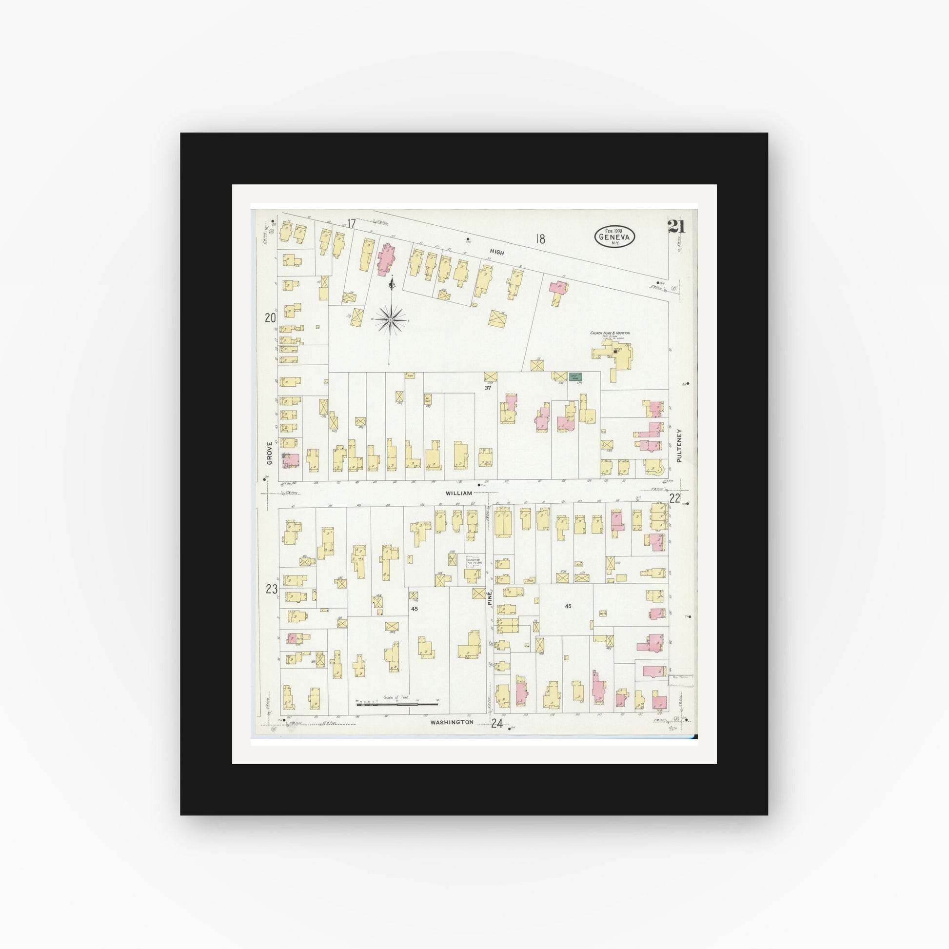 Old map wall art mockup — black gallery frame with white mat — Sanborn Fire Insurance Map from Geneva, Ontario County, New York (1909), Sheet #0021