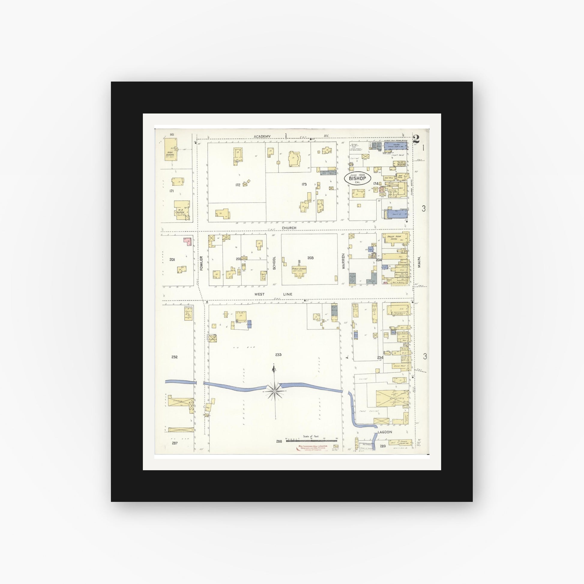 Old map wall art mockup — black gallery frame with white mat — Sanborn Fire Insurance Map from Bishop, Inyo County, California (1909), Sheet #0002