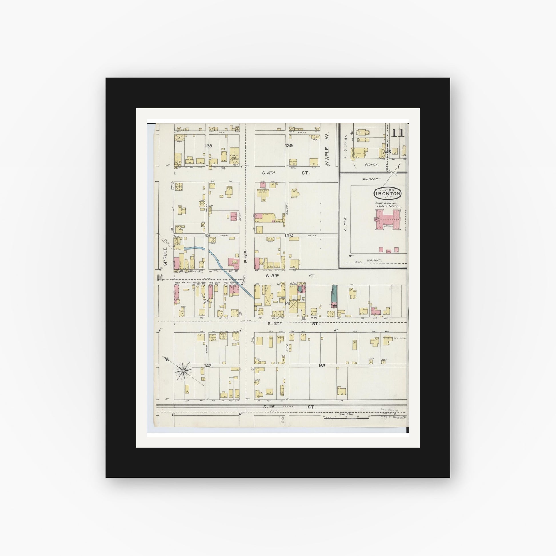 Old map wall art mockup — black gallery frame with white mat — Sanborn Fire Insurance Map from Ironton, Lawrence County, Ohio (1893), Sheet #0011