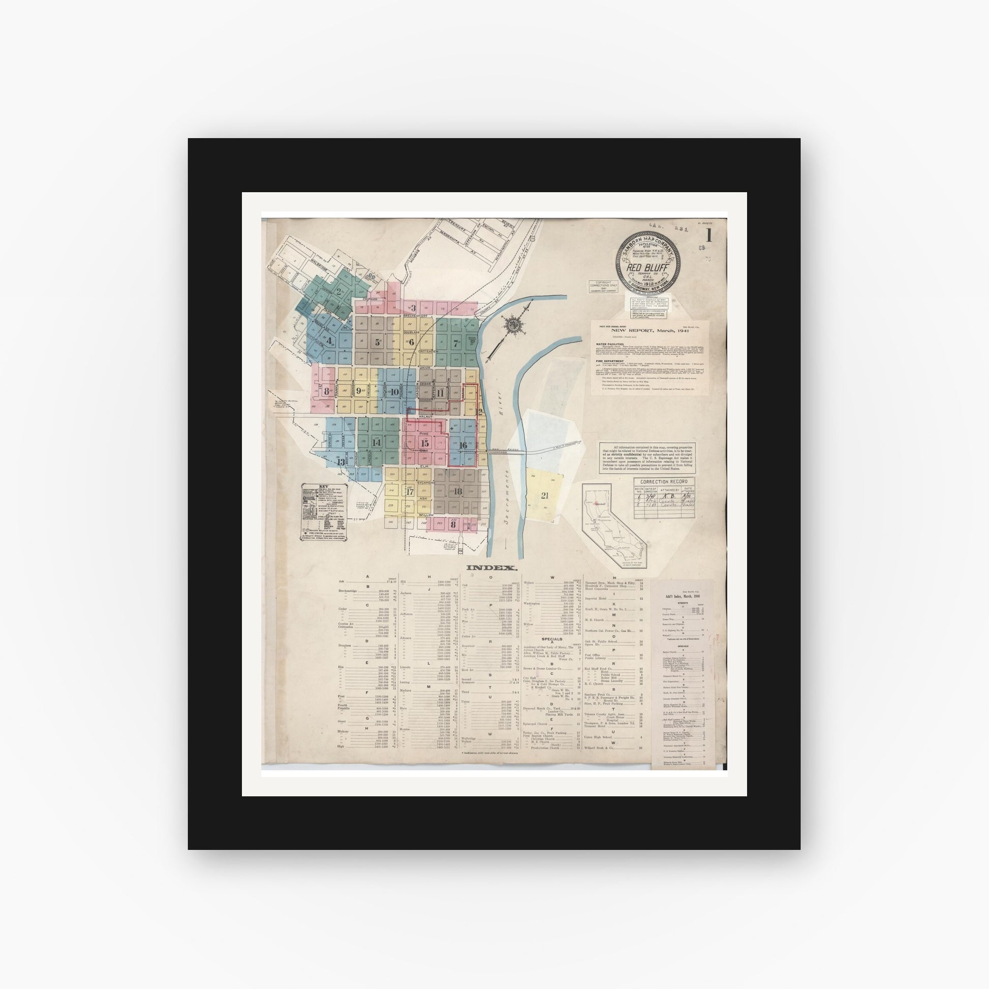 Old map wall art mockup — black gallery frame with white mat — Sanborn Fire Insurance Map from Red Bluff, Tehama County, California (1949) - Complete Map Set