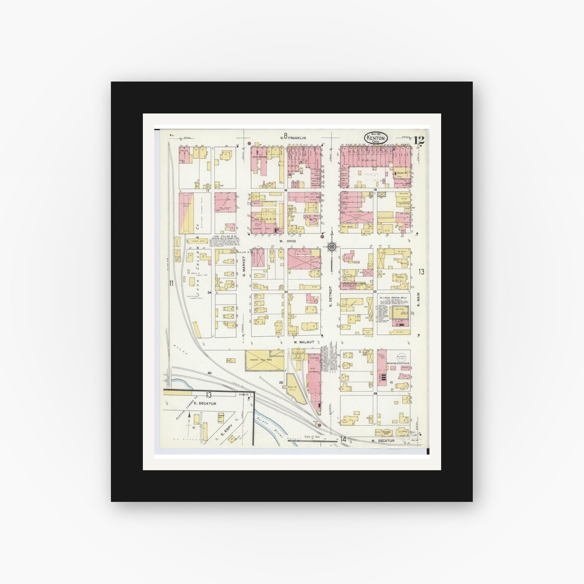 Old map wall art mockup — black gallery frame with white mat — Sanborn Fire Insurance Map from Kenton, Hardin County, Ohio (1911), Sheet #0012