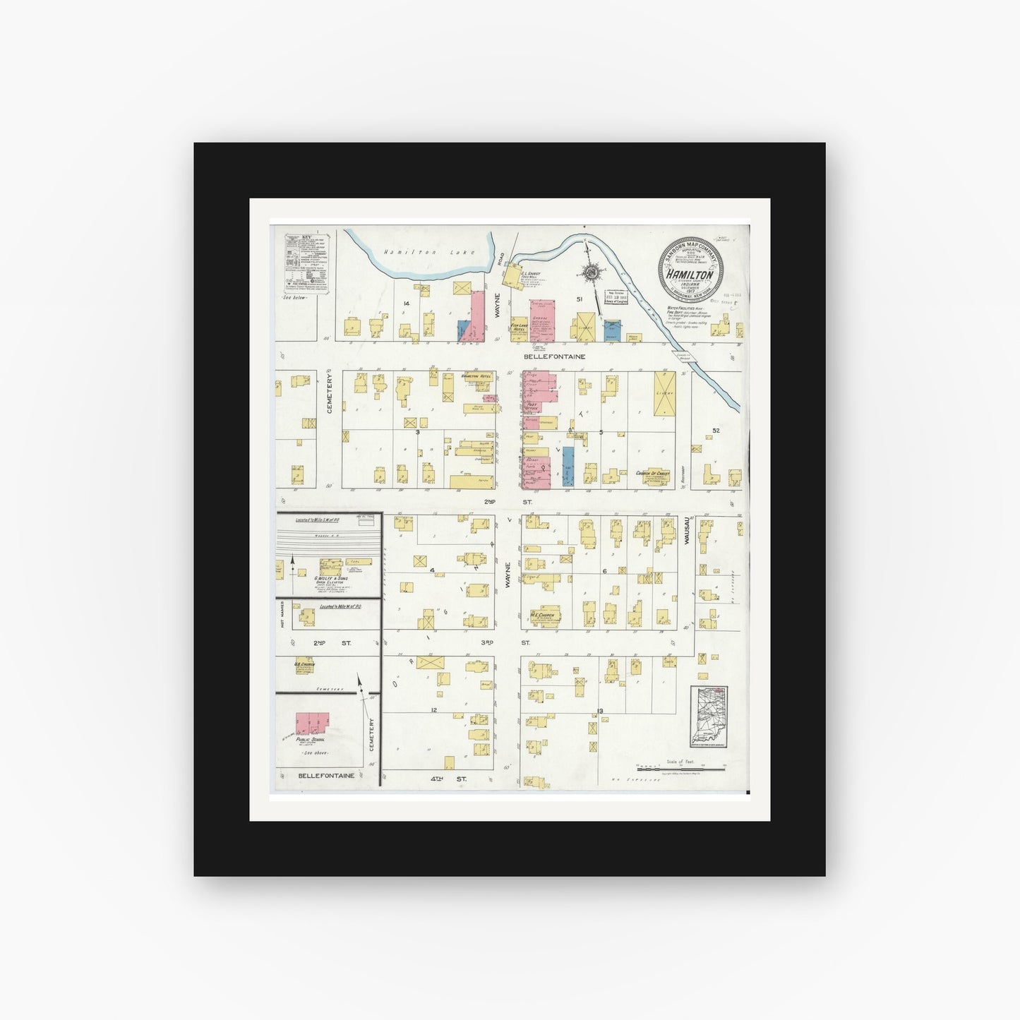 Old map wall art mockup — black gallery frame with white mat — Sanborn Fire Insurance Map from Hamilton, Steuben County, Indiana (1917), Sheet #0001
