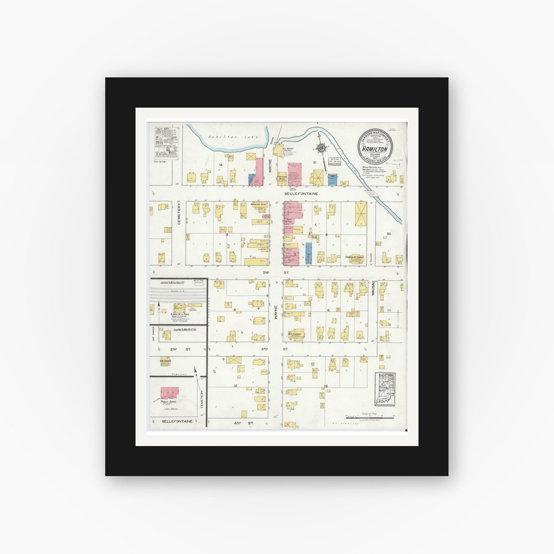 Old map wall art mockup — black gallery frame with white mat — Sanborn Fire Insurance Map from Hamilton, Steuben County, Indiana (1917), Sheet #0001