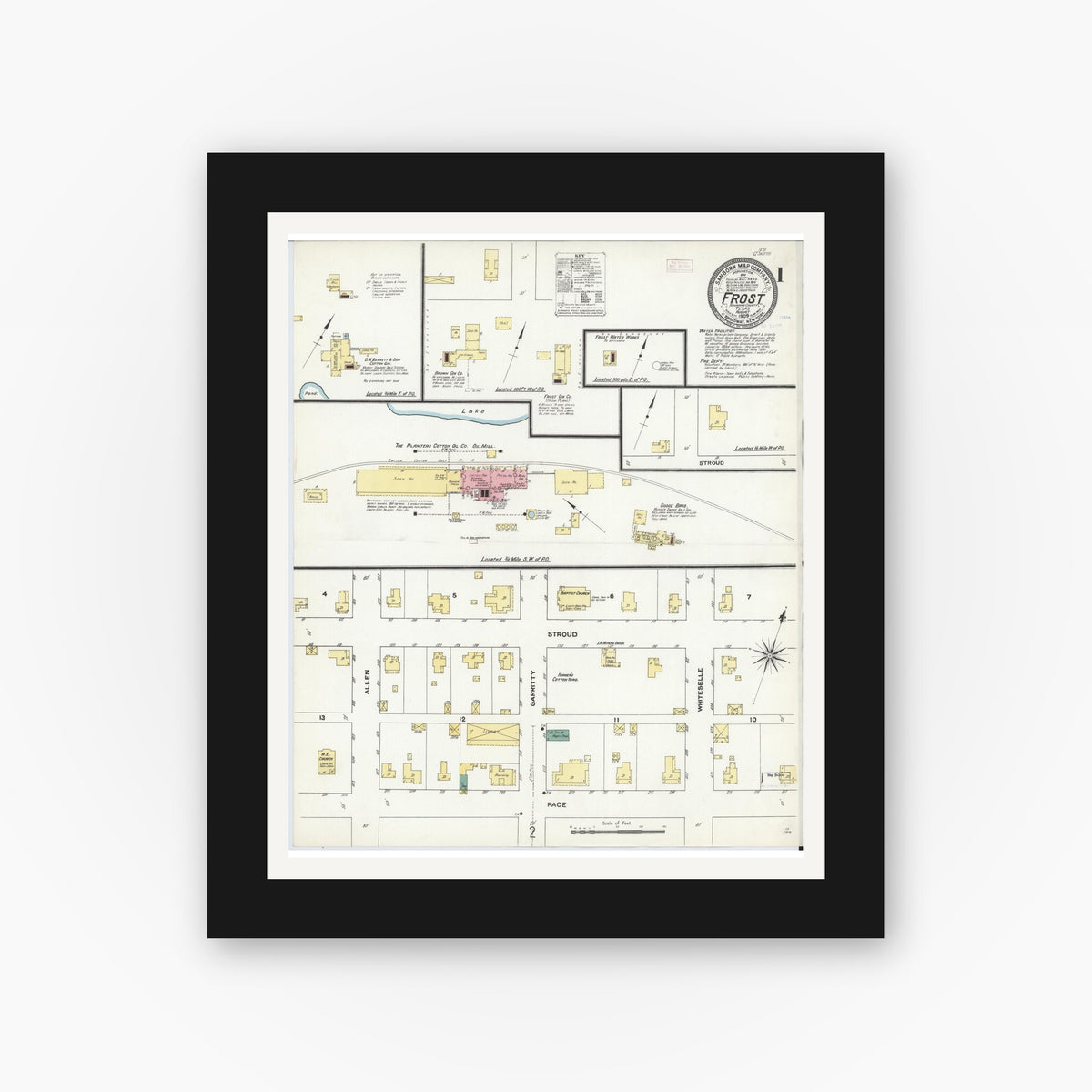 Old map wall art mockup — black gallery frame with white mat — Sanborn Fire Insurance Map from Frost, Navarro County, Texas (1909) - Complete Map Set