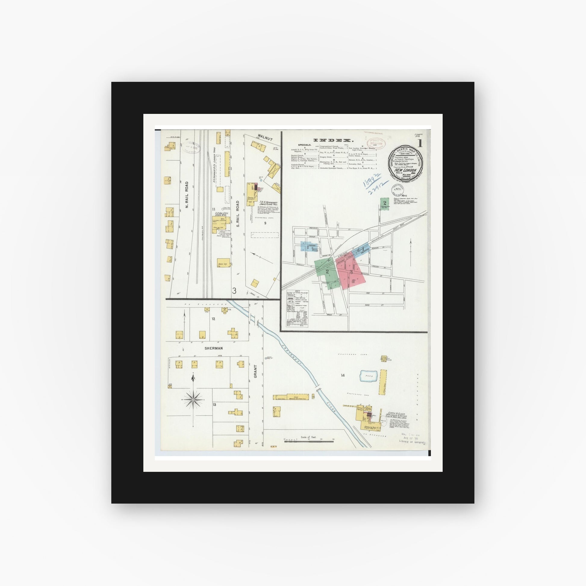 Old map wall art mockup — black gallery frame with white mat — Sanborn Fire Insurance Map from New London, Huron County, Ohio (1899) - Complete Map Set