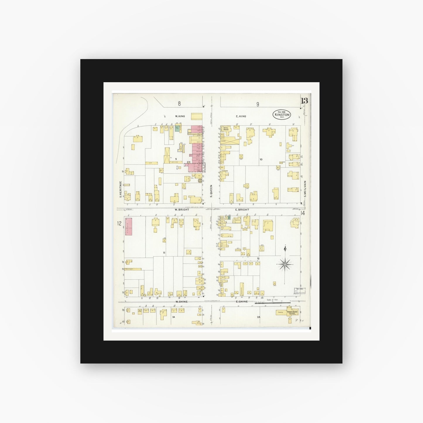 Old map wall art mockup — black gallery frame with white mat — Sanborn Fire Insurance Map from Kinston, Lenoir County, North Carolina (1908), Sheet #0013