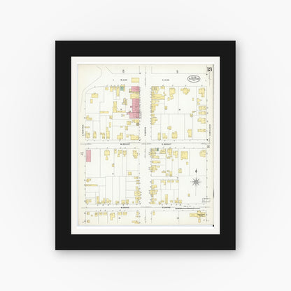Old map wall art mockup — black gallery frame with white mat — Sanborn Fire Insurance Map from Kinston, Lenoir County, North Carolina (1908), Sheet #0013