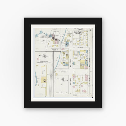 Old map wall art mockup — black gallery frame with white mat — Sanborn Fire Insurance Map from Austin, Travis County, Texas (1889), Sheet #0005