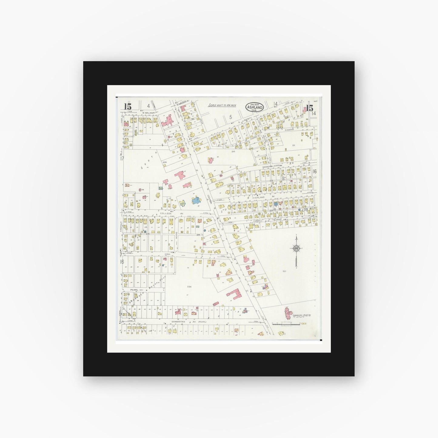 Old map wall art mockup — black gallery frame with white mat — Sanborn Fire Insurance Map from Ashland, Ashland County, Ohio (1930), Sheet #0015