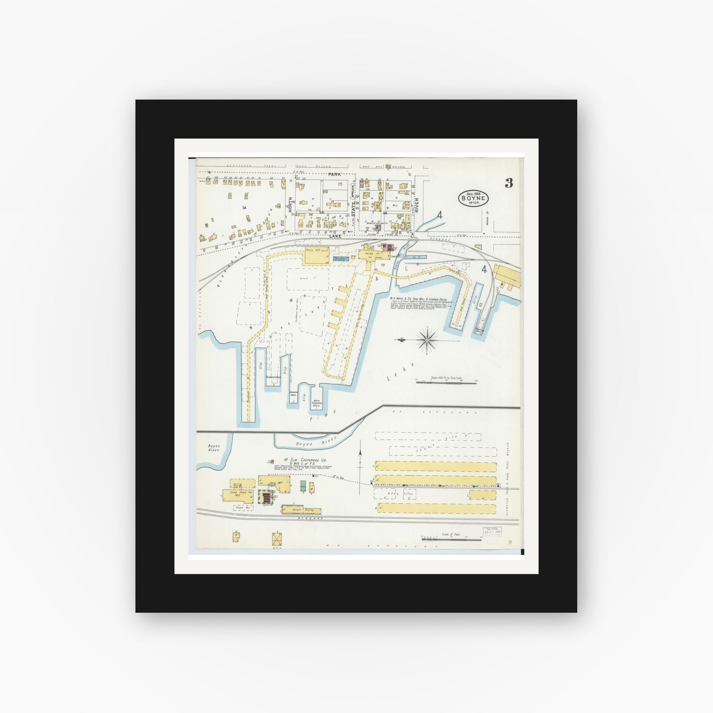 Old map wall art mockup — black gallery frame with white mat — Sanborn Fire Insurance Map from Boyne City, Charlevoix County, Michigan (1905), Sheet #0003