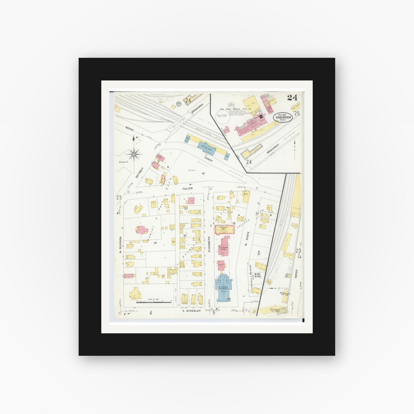 Old map wall art mockup — black gallery frame with white mat — Sanborn Fire Insurance Map from Ann Arbor, Washtenaw County, Michigan (1908), Sheet #0024