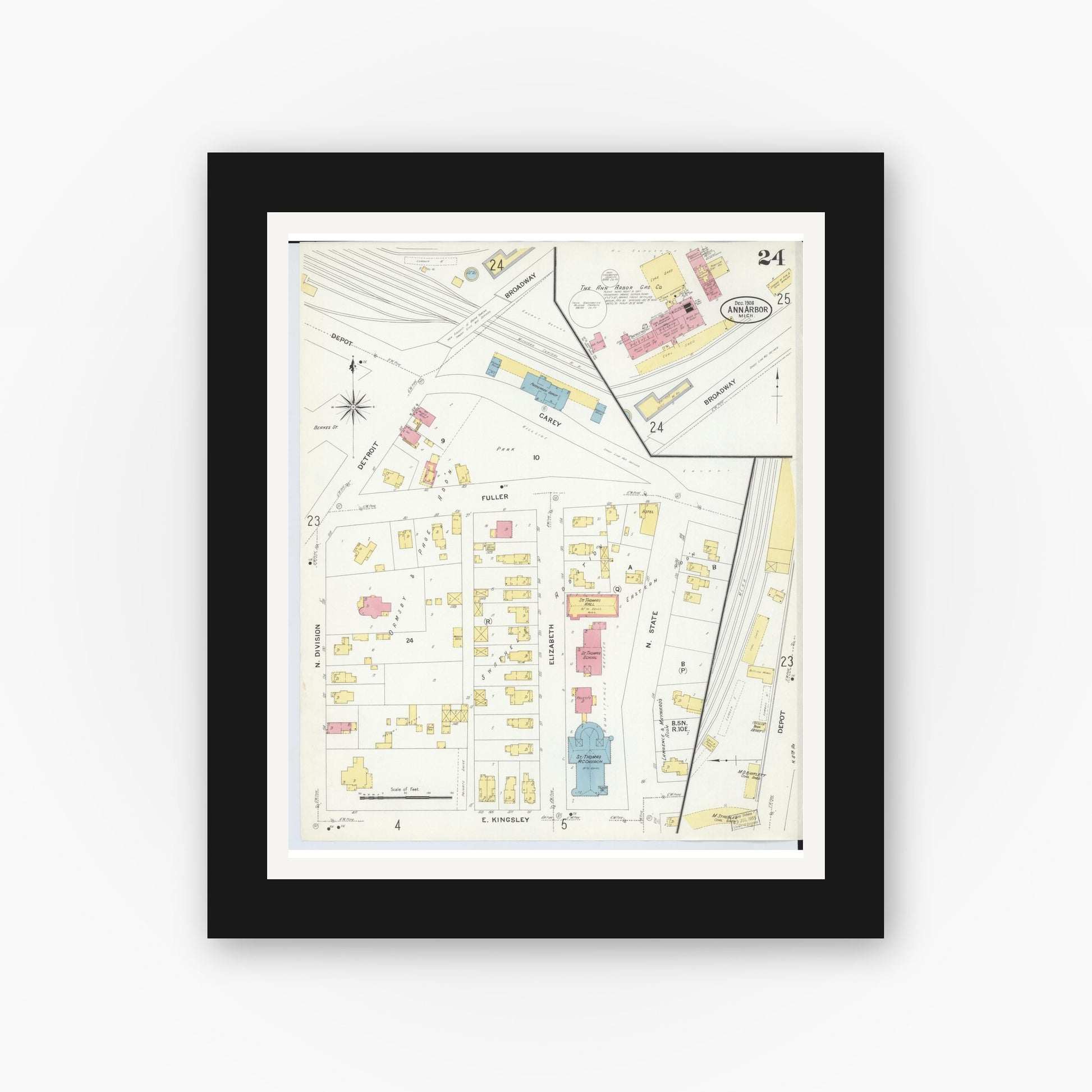 Old map wall art mockup — black gallery frame with white mat — Sanborn Fire Insurance Map from Ann Arbor, Washtenaw County, Michigan (1908), Sheet #0024