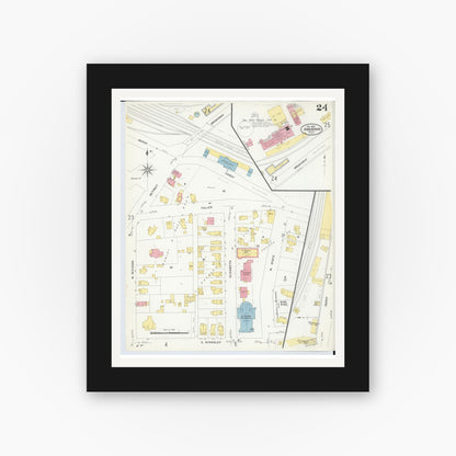 Old map wall art mockup — black gallery frame with white mat — Sanborn Fire Insurance Map from Ann Arbor, Washtenaw County, Michigan (1908), Sheet #0024