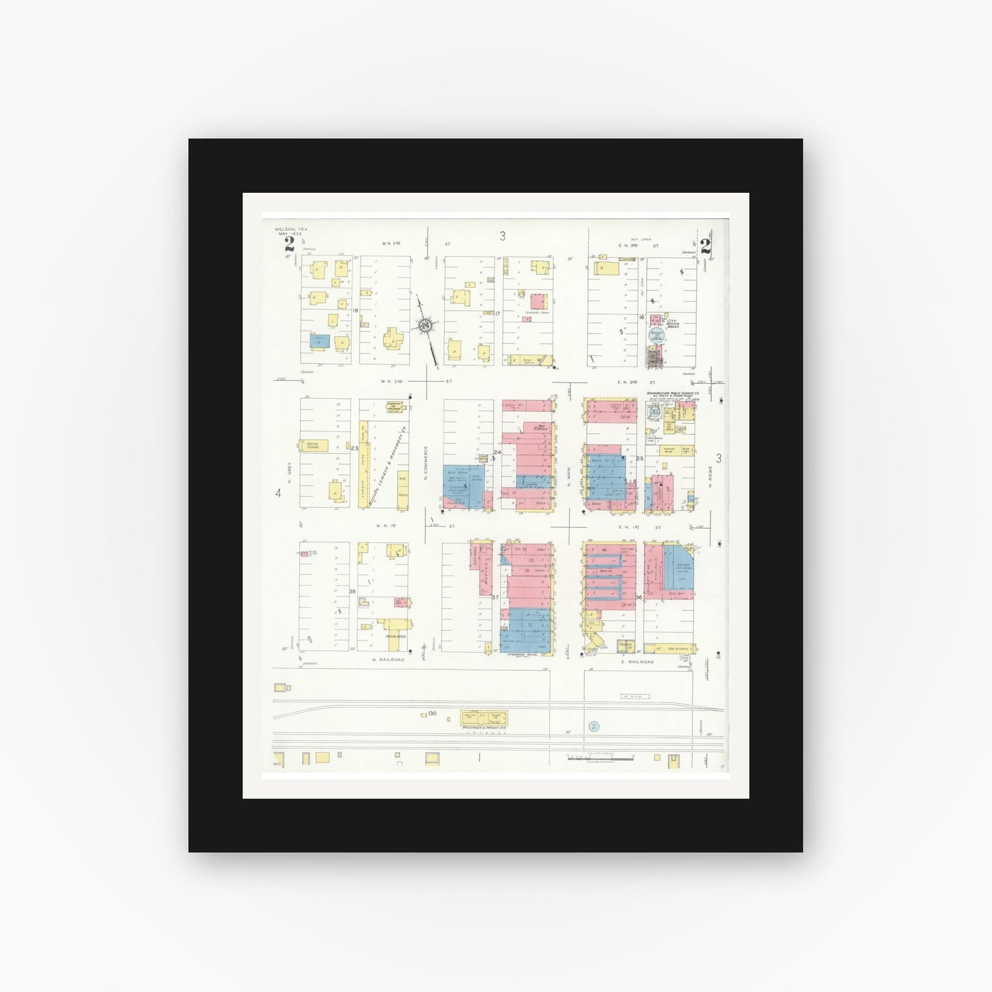 Old map wall art mockup — black gallery frame with white mat — Sanborn Fire Insurance Map from McLean, Gray County, Texas (1933), Sheet #0002