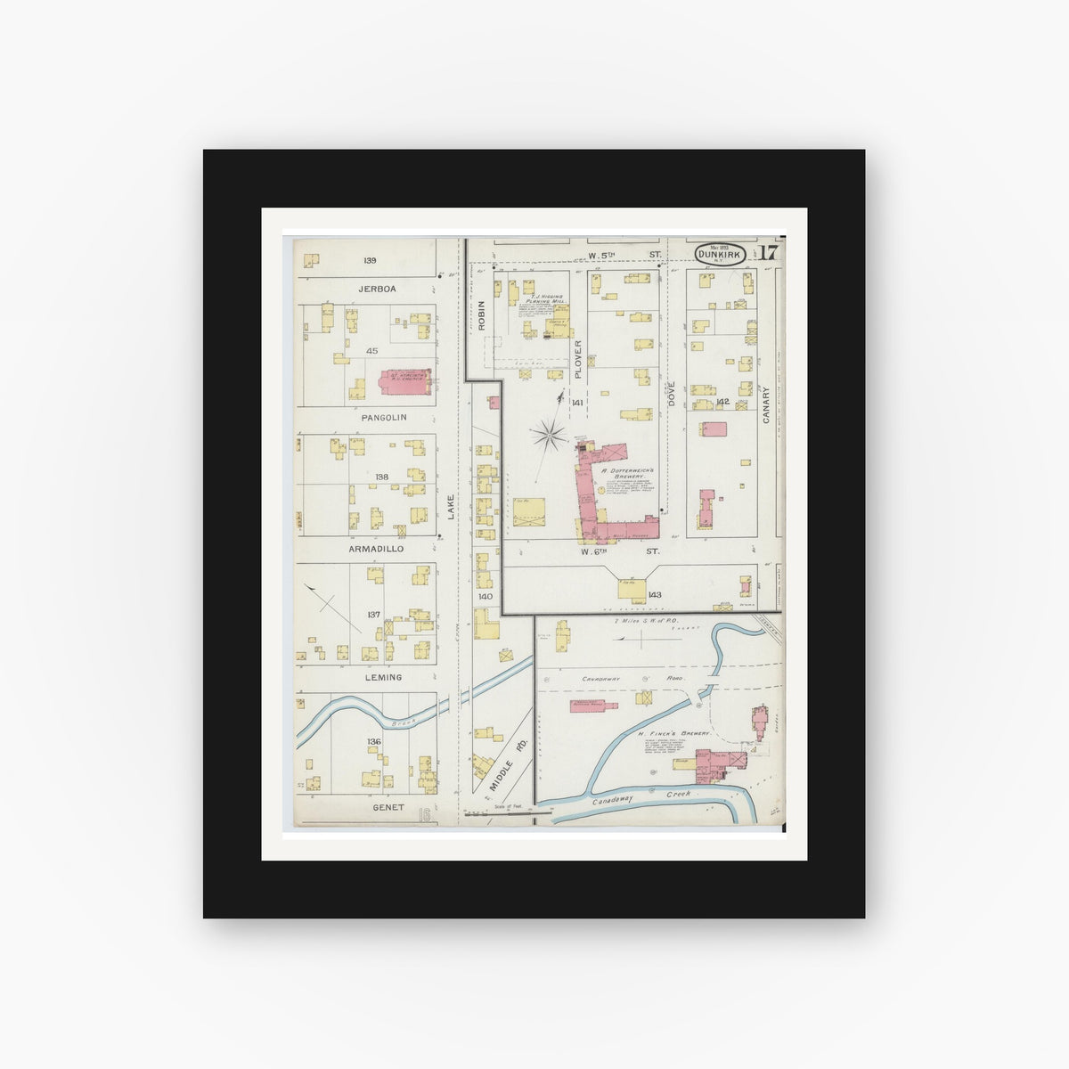 Old map wall art mockup — black gallery frame with white mat — Sanborn Fire Insurance Map from Dunkirk, Chautauqua County, New York (1893), Sheet #0017