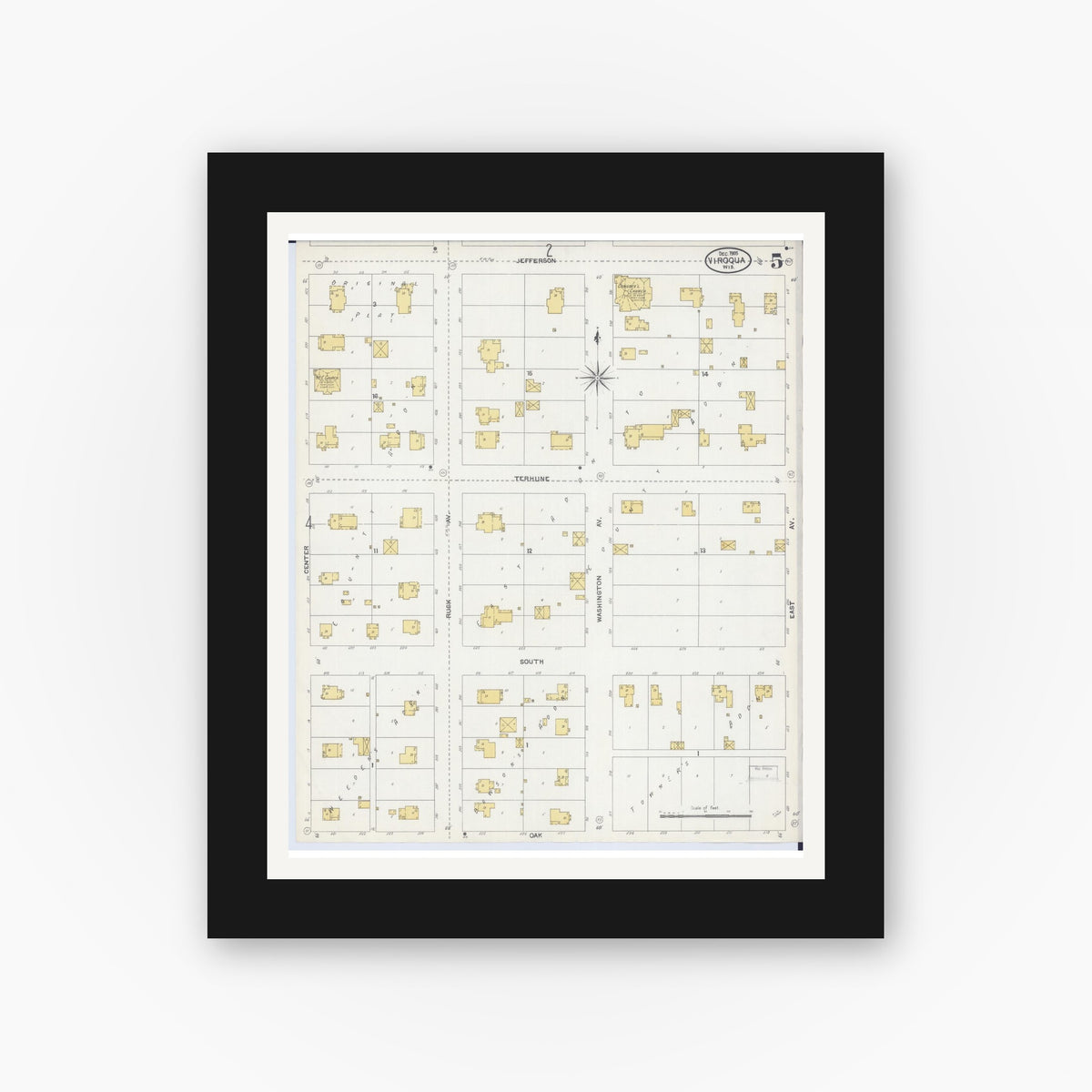 Old map wall art mockup — black gallery frame with white mat — Sanborn Fire Insurance Map from Viroqua, Vernon County, Wisconsin (1905), Sheet #0005