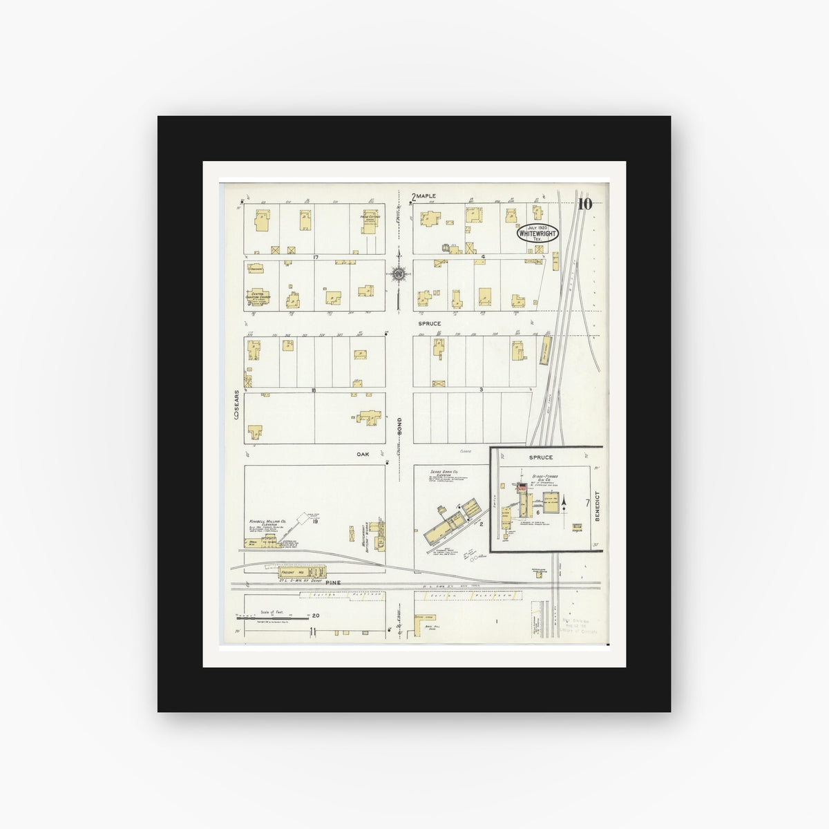 Old map wall art mockup — black gallery frame with white mat — Sanborn Fire Insurance Map from Whitewright, Grayson County, Texas (1920), Sheet #0010