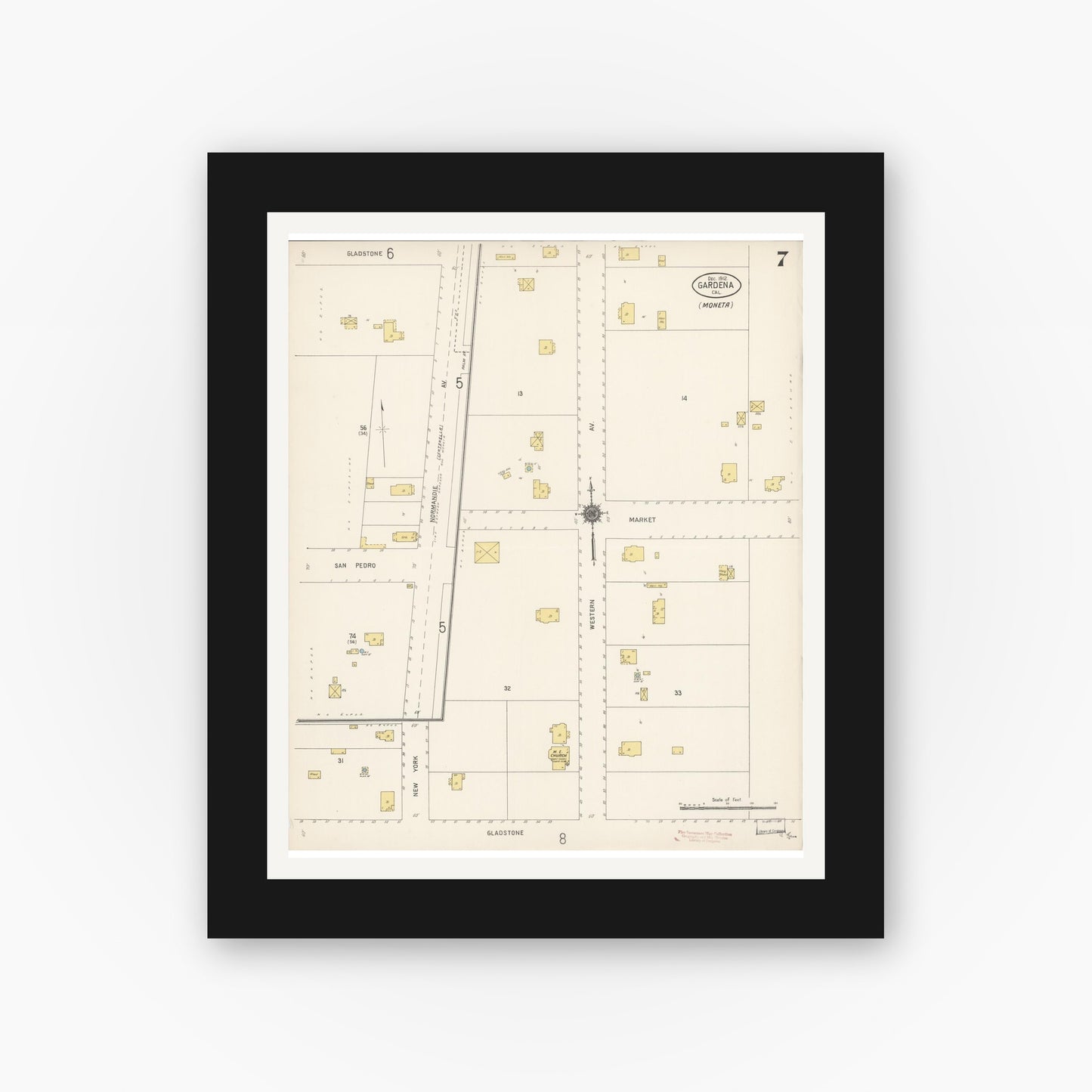 Old map wall art mockup — black gallery frame with white mat — Sanborn Fire Insurance Map from Gardena, Los Angeles County, California (1912), Sheet #0007
