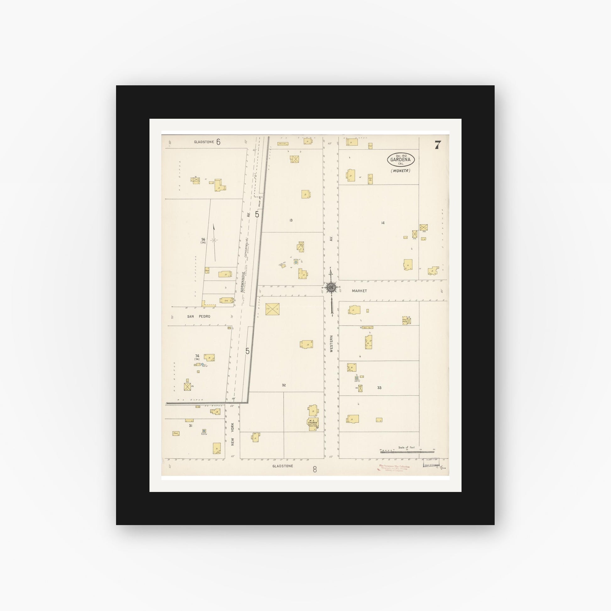 Old map wall art mockup — black gallery frame with white mat — Sanborn Fire Insurance Map from Gardena, Los Angeles County, California (1912), Sheet #0007
