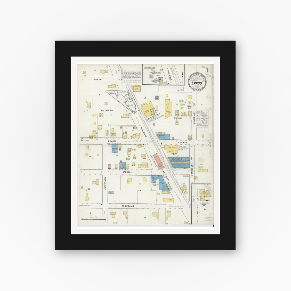 Old map wall art mockup — black gallery frame with white mat — Sanborn Fire Insurance Map from Largo, Pinellas County, Florida (1917) - Complete Map Set