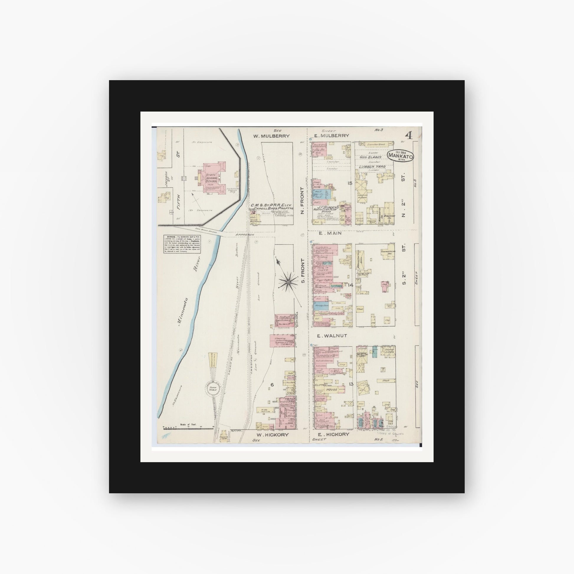 Old map wall art mockup — black gallery frame with white mat — Sanborn Fire Insurance Map from Mankato, Blue Earth County, Minnesota (1884), Sheet #0004