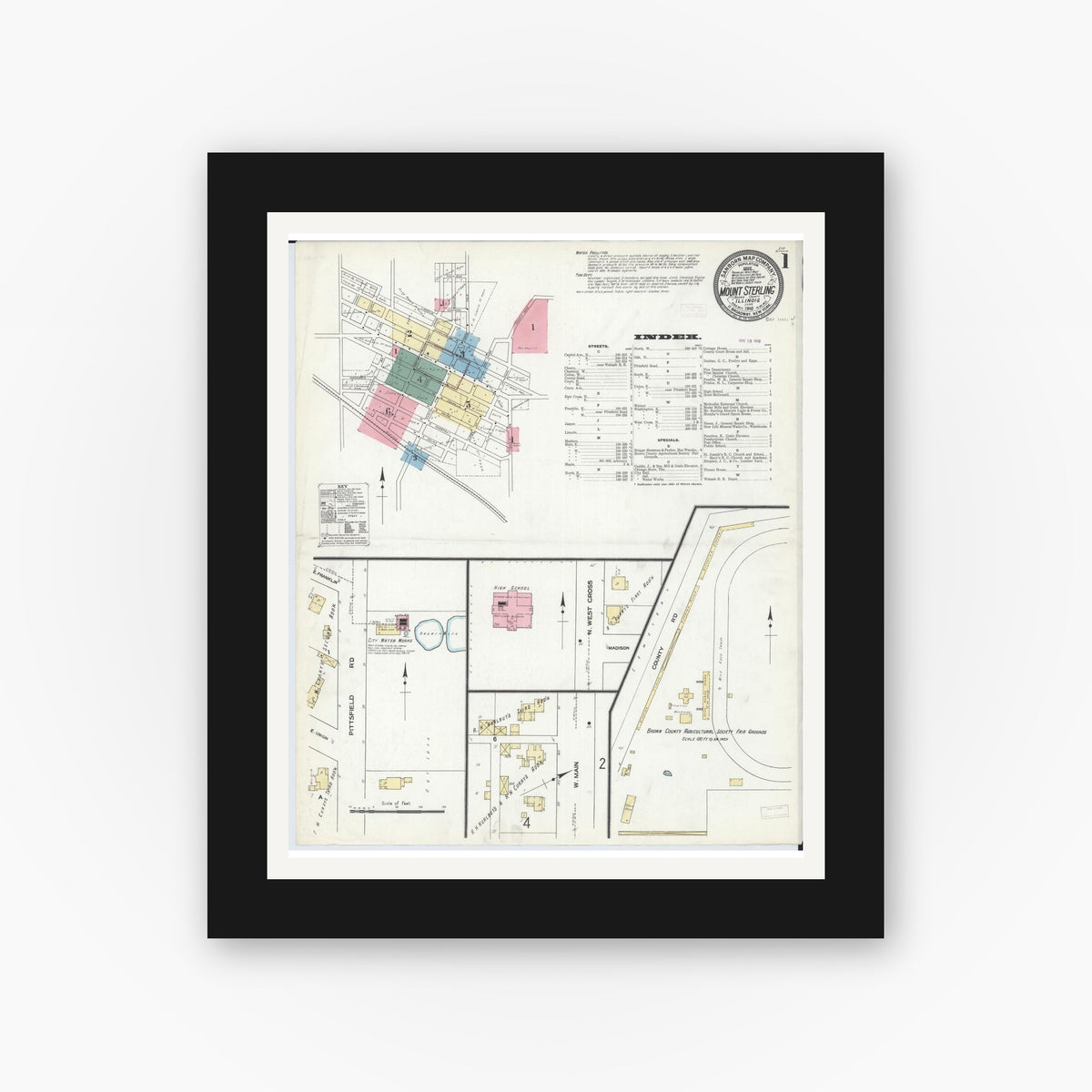 Old map wall art mockup — black gallery frame with white mat — Sanborn Fire Insurance Map from Mount Sterling, Brown County, Illinois (1910) - Complete Map Set