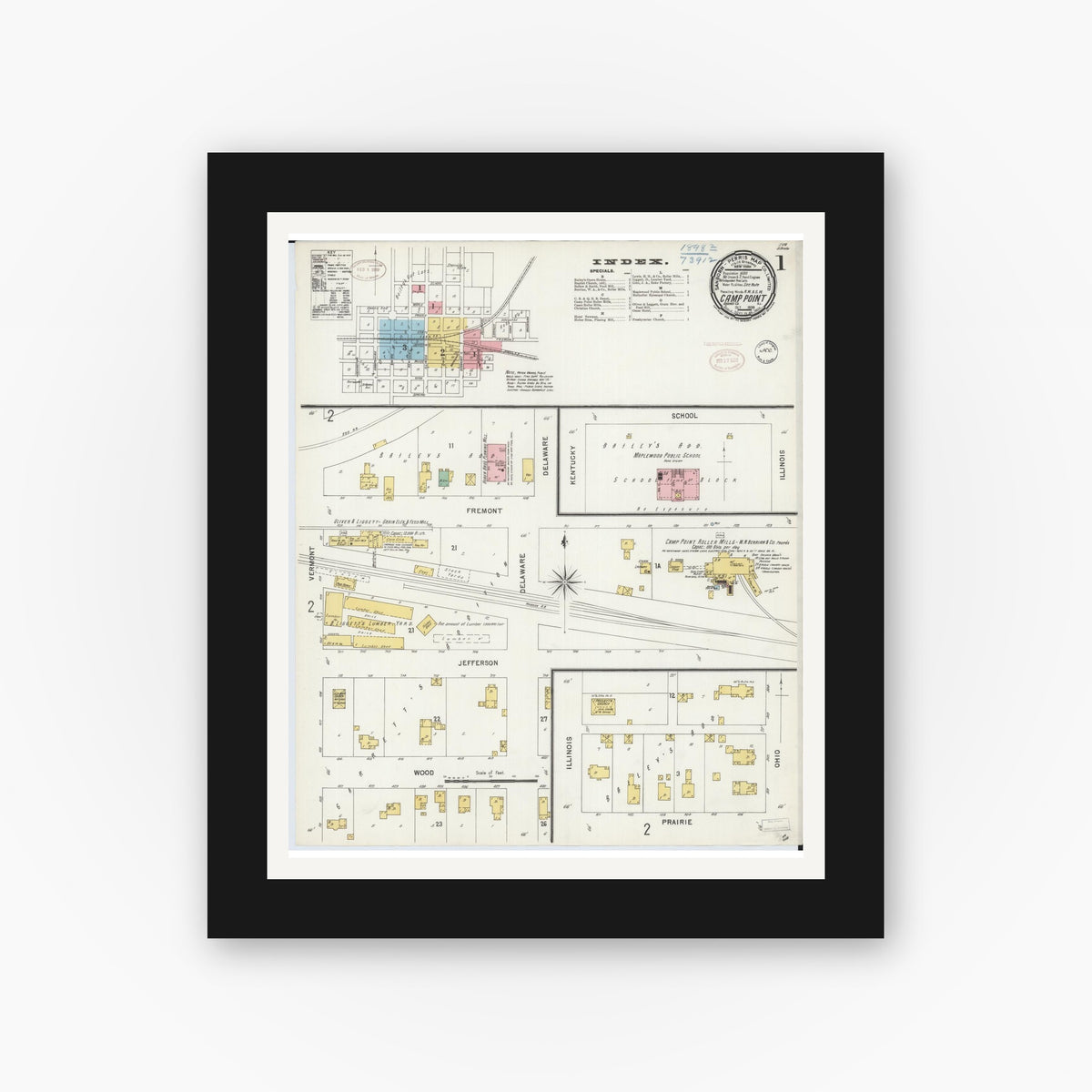 Old map wall art mockup — black gallery frame with white mat — Sanborn Fire Insurance Map from Camp Point, Adams County, Illinois (1898) - Complete Map Set