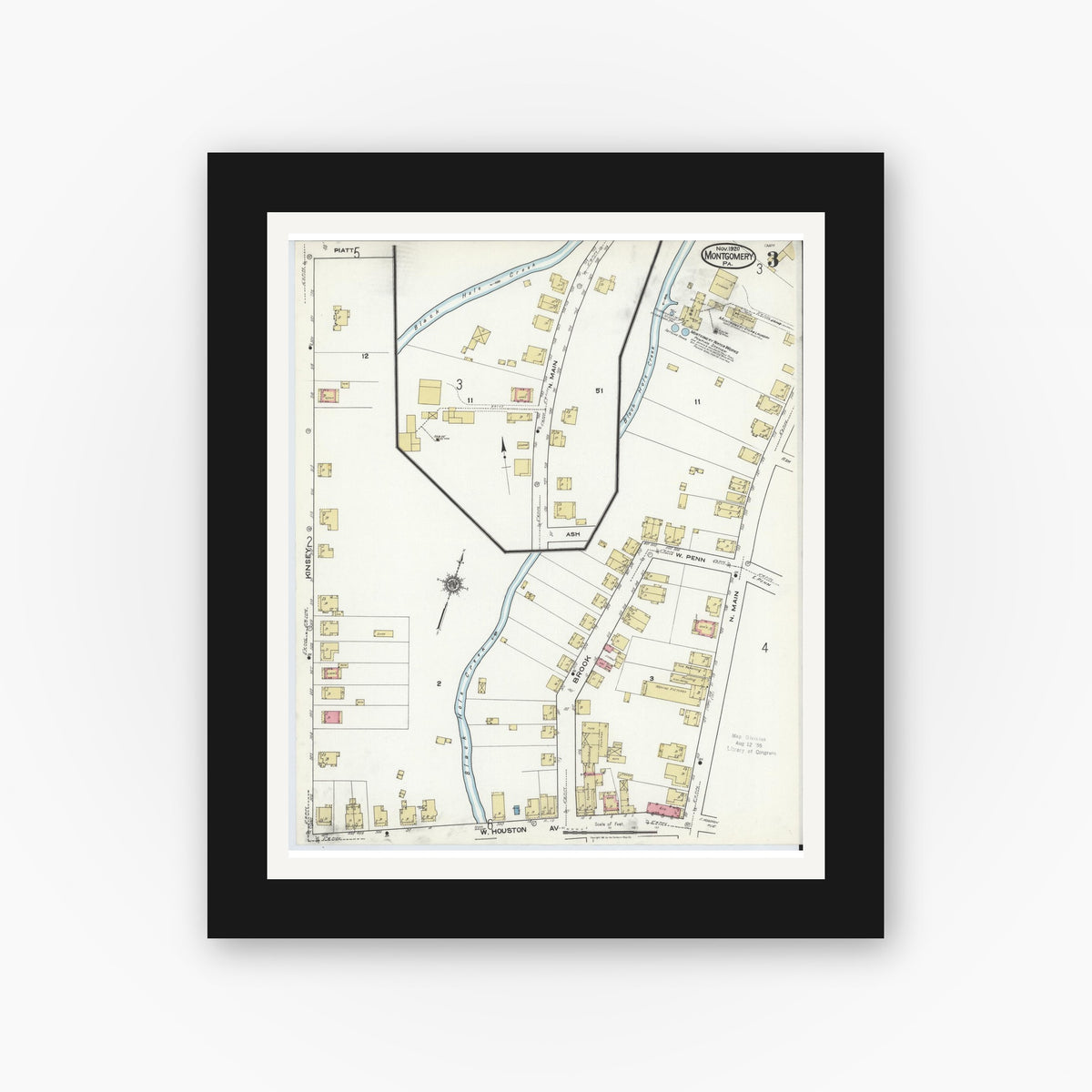 Old map wall art mockup — black gallery frame with white mat — Sanborn Fire Insurance Map from Montgomery, Lycoming County, Pennsylvania (1920), Sheet #0003